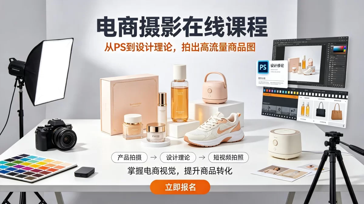 电商摄影在线课程，从PS到设计理论，把握电商短视频拍照，制做高流量照片