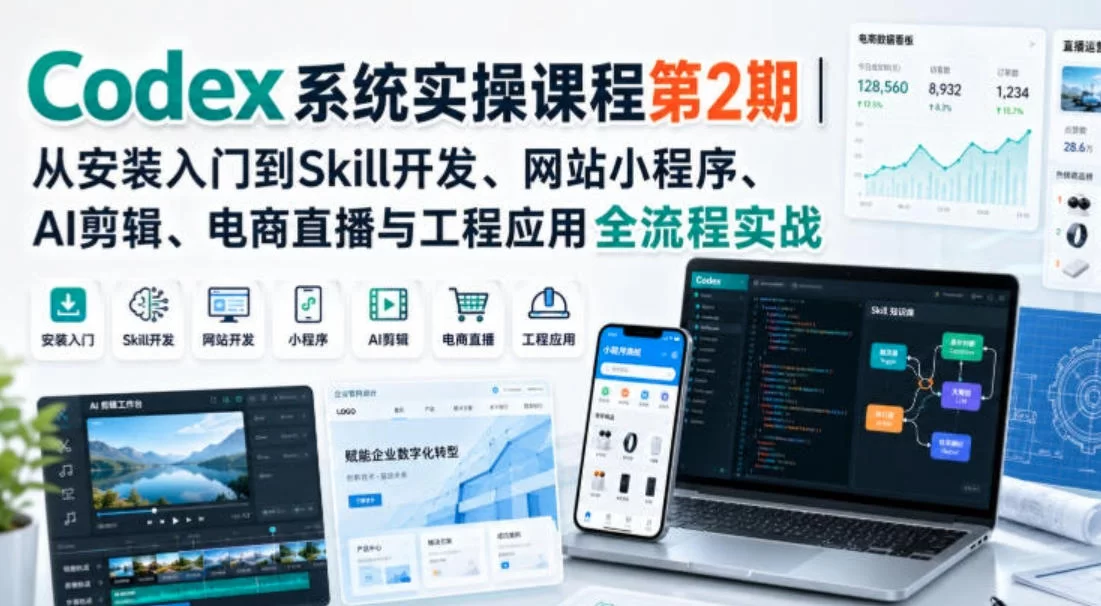 Codex系统实操课程第2期｜从安装入门到Skill开发、网站小程序、AI剪辑、电商直播