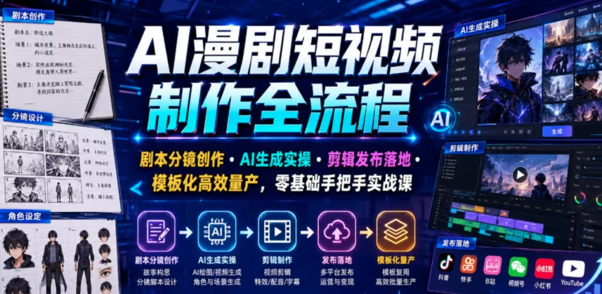 AI漫剧短视频制作实操剪辑发布落地，模板化高效量产，零基础手把手实战课